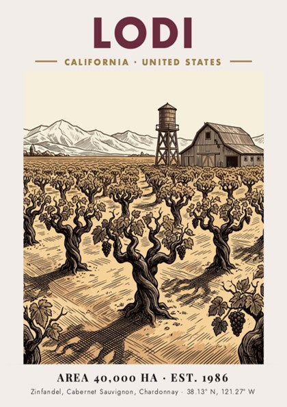 Poster featuring a Lodi California vineyard with a barn and water tower illustration