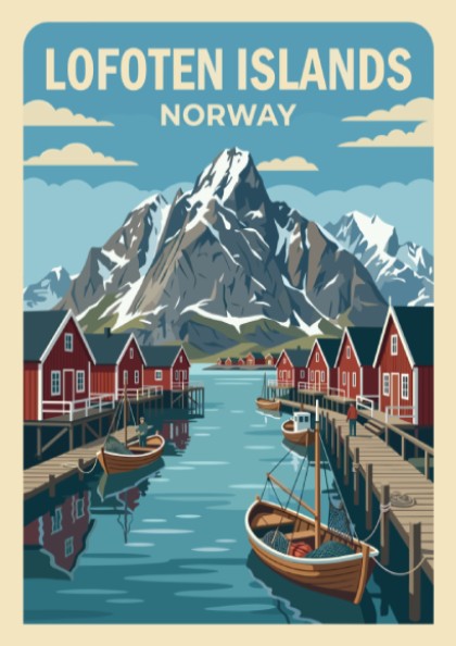 Lofoten Islands Norway poster featuring red fishing cabins and snow-capped mountains by the sea.