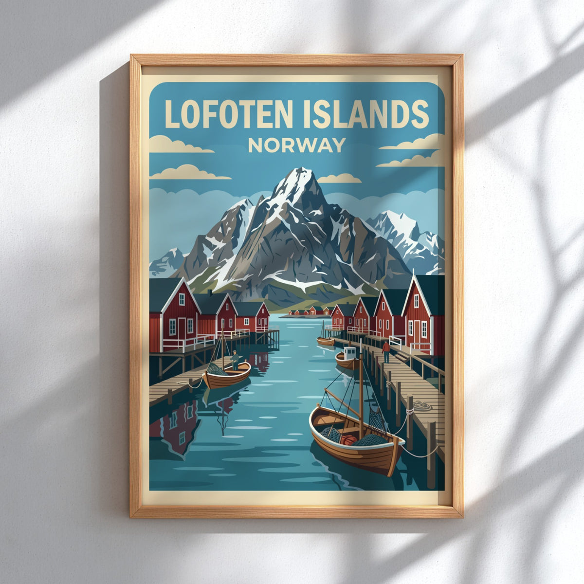 Lofoten Islands Norway poster featuring red fishing cabins and snow-capped mountains by the sea.