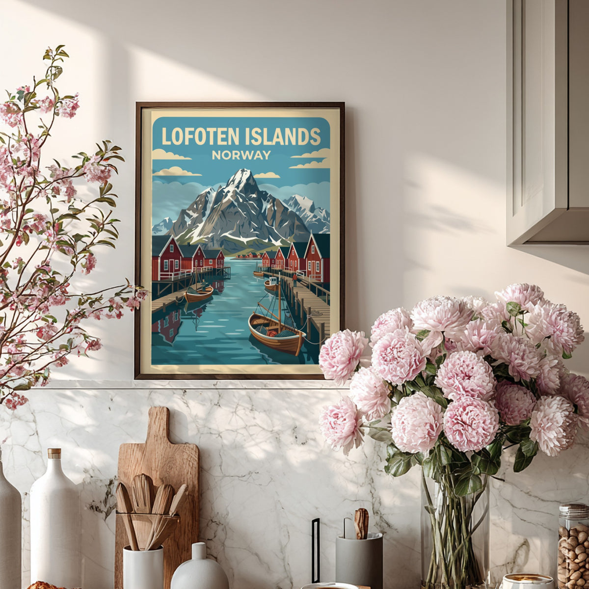 Lofoten Islands Norway poster featuring red fishing cabins and snow-capped mountains by the sea.
