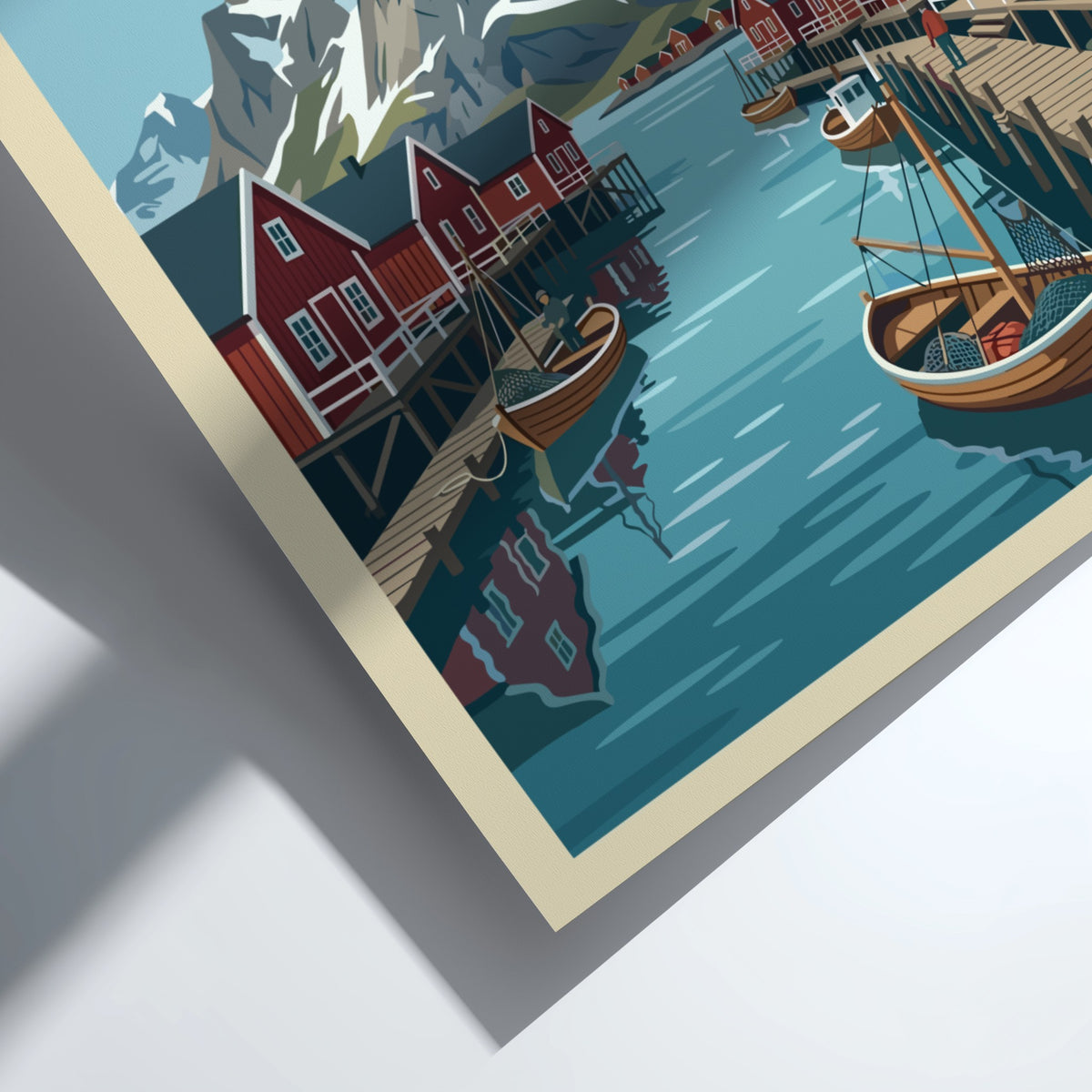 Lofoten Islands Norway poster featuring red fishing cabins and snow-capped mountains by the sea.