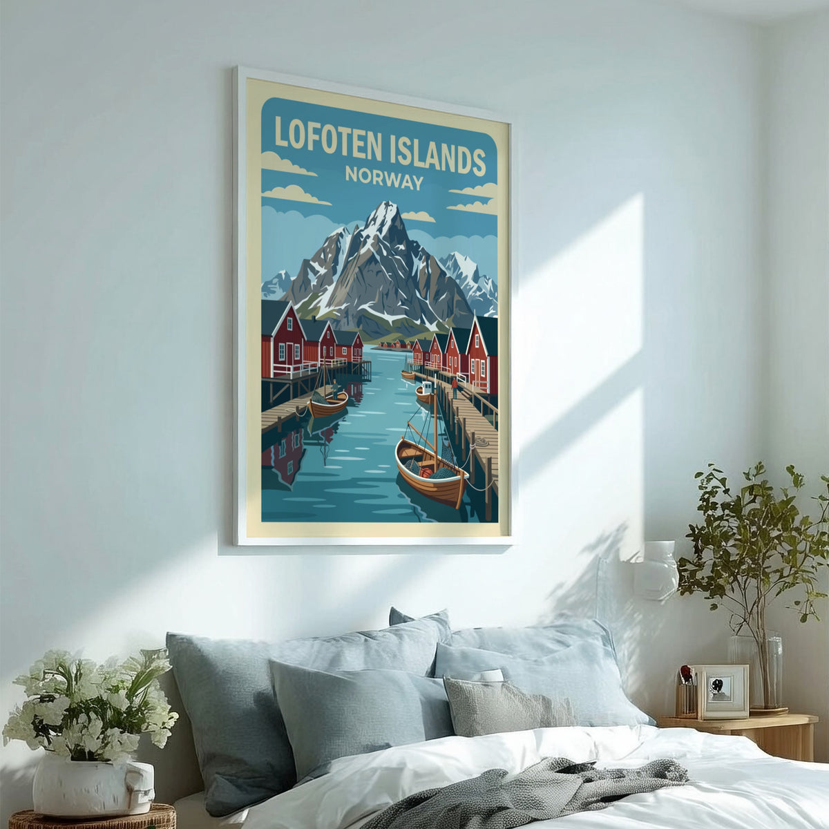 Lofoten Islands Norway poster featuring red fishing cabins and snow-capped mountains by the sea.
