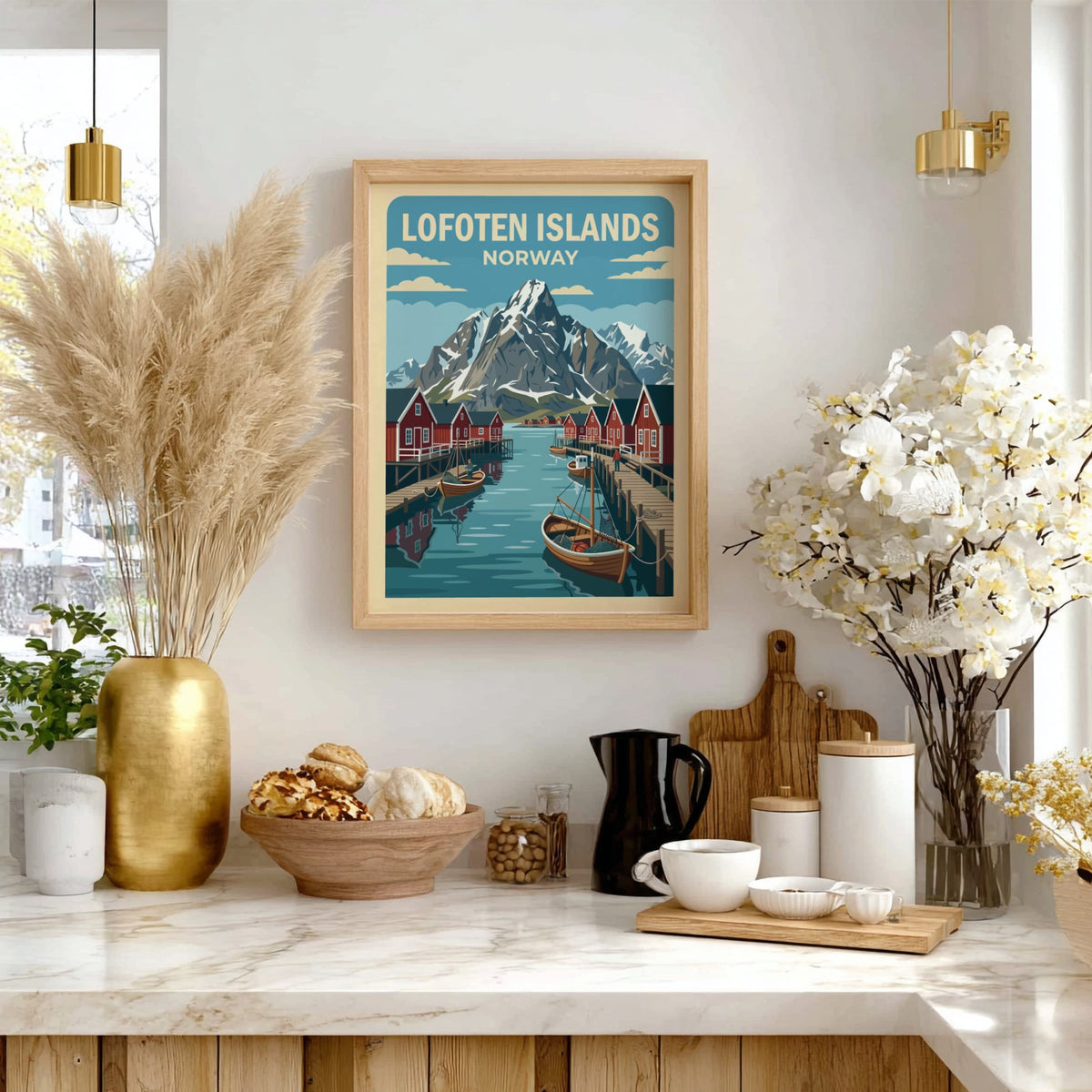 Lofoten Islands Norway poster featuring red fishing cabins and snow-capped mountains by the sea.