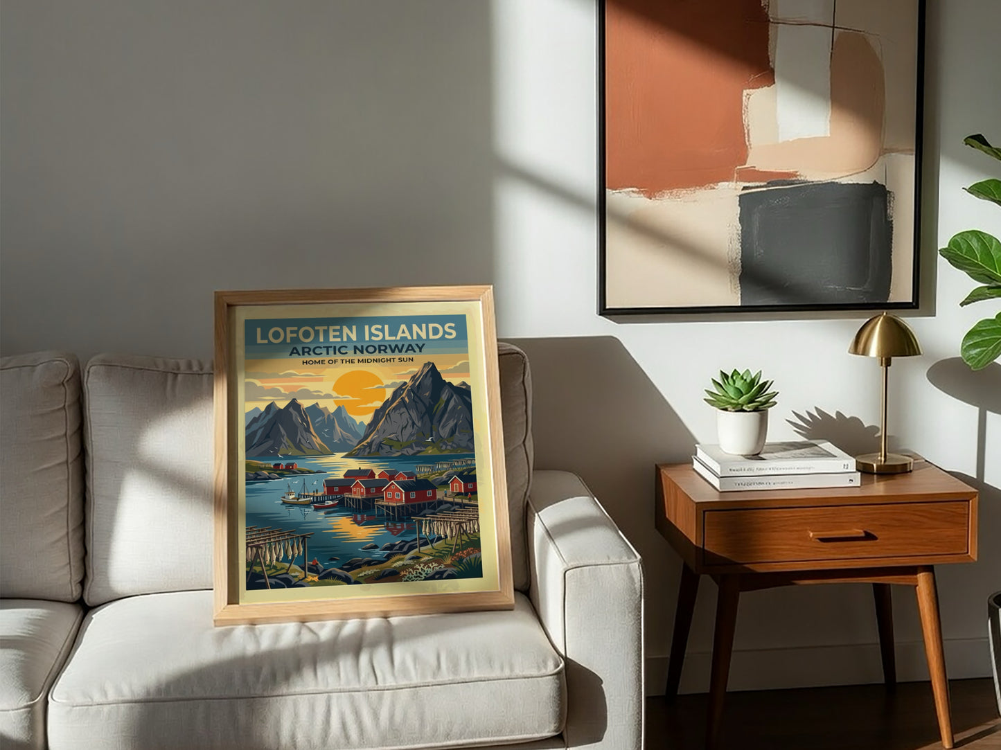 Travel poster of Lofoten Islands Norway with red cabins and mountains at sunset