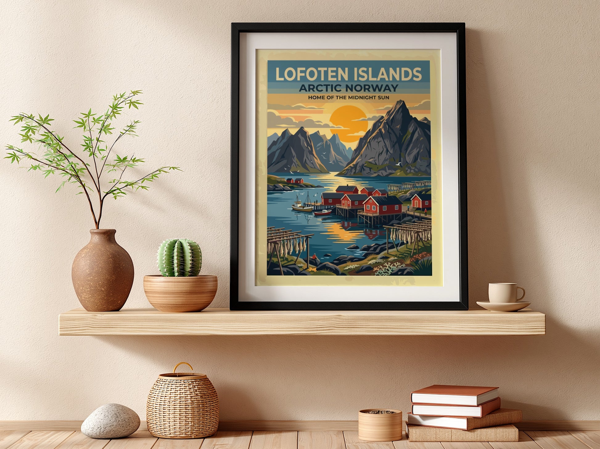 Travel poster of Lofoten Islands Norway with red cabins and mountains at sunset