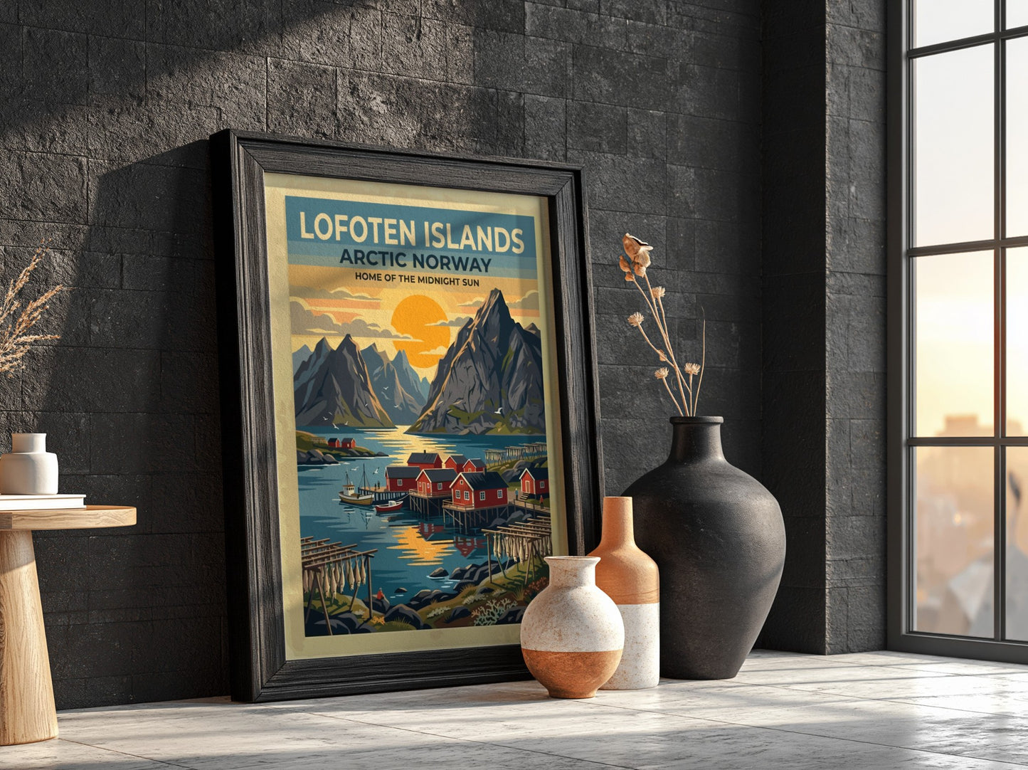 Travel poster of Lofoten Islands Norway with red cabins and mountains at sunset