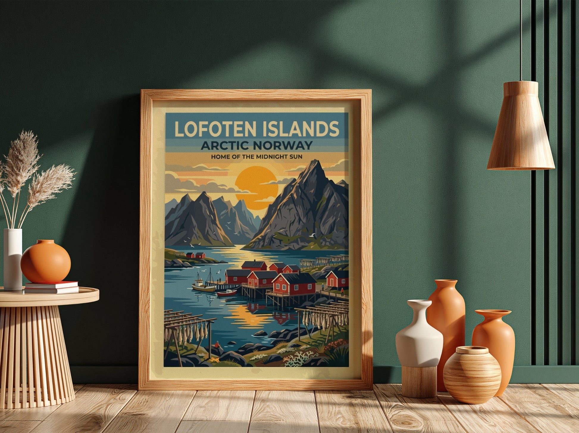 Travel poster of Lofoten Islands Norway with red cabins and mountains at sunset