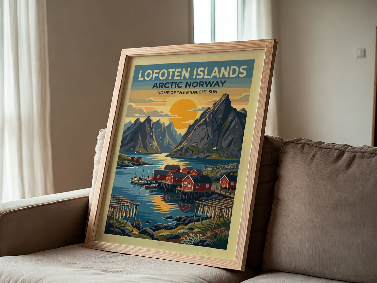 Travel poster of Lofoten Islands Norway with red cabins and mountains at sunset