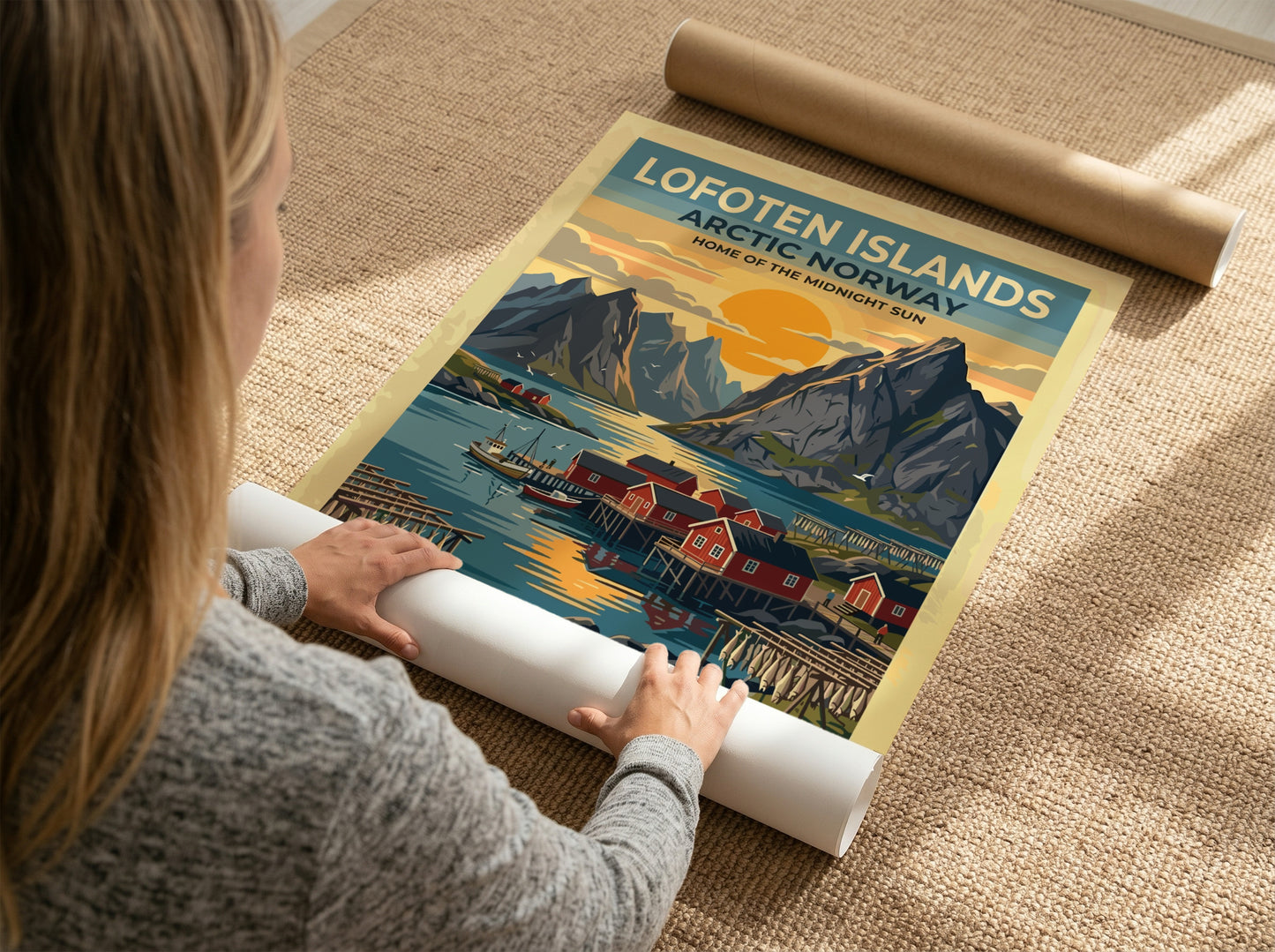 Travel poster of Lofoten Islands Norway with red cabins and mountains at sunset
