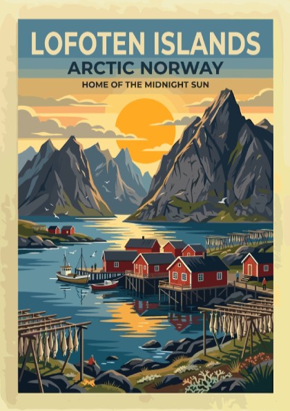 Travel poster of Lofoten Islands Norway with red cabins and mountains at sunset