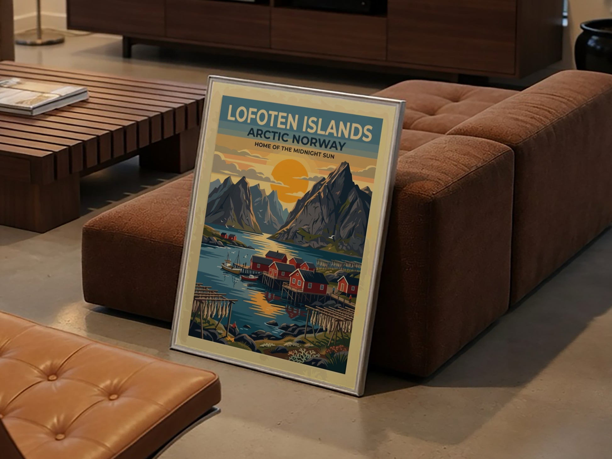 Travel poster of Lofoten Islands Norway with red cabins and mountains at sunset
