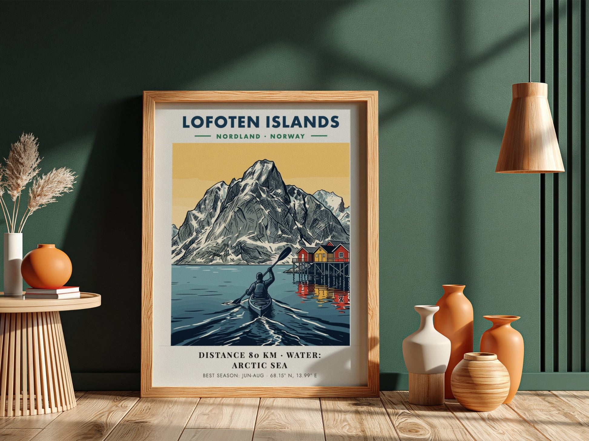 Lofoten Islands poster featuring a kayaker on Arctic water before tall snow-capped mountains.
