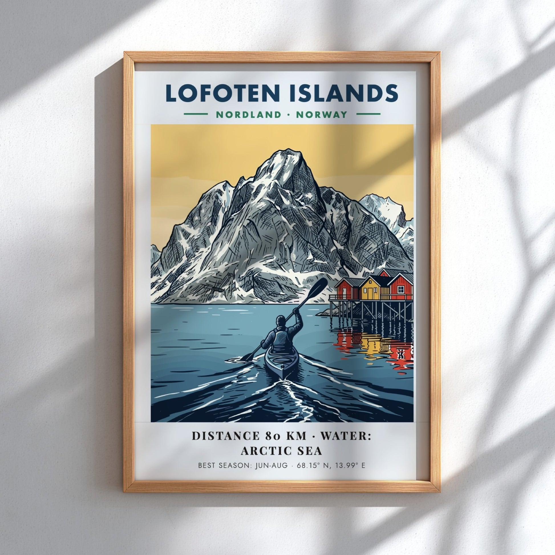 Lofoten Islands poster featuring a kayaker on Arctic water before tall snow-capped mountains.