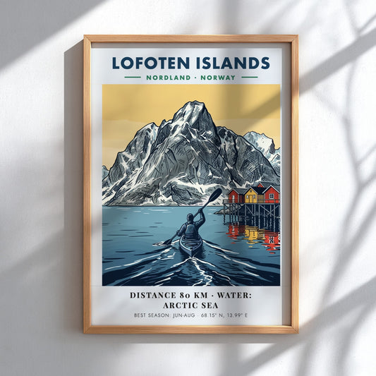 Lofoten Islands poster featuring a kayaker on Arctic water before tall snow-capped mountains.