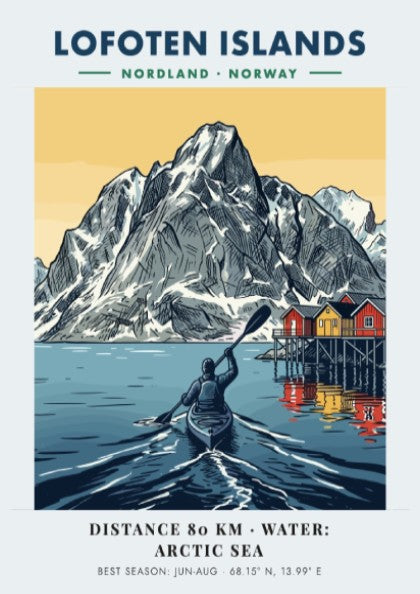 Lofoten Islands poster featuring a kayaker on Arctic water before tall snow-capped mountains.