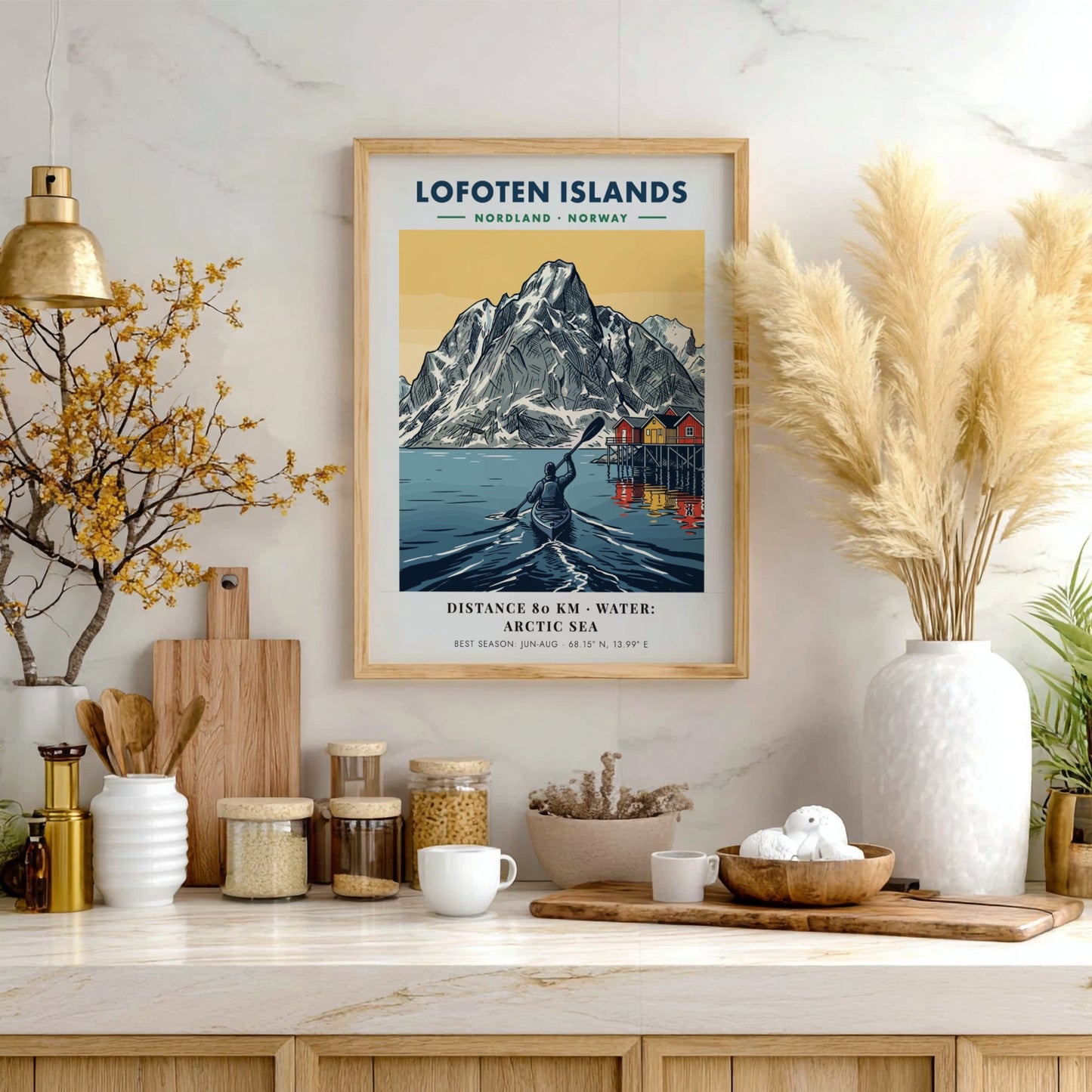 Lofoten Islands poster featuring a kayaker on Arctic water before tall snow-capped mountains.