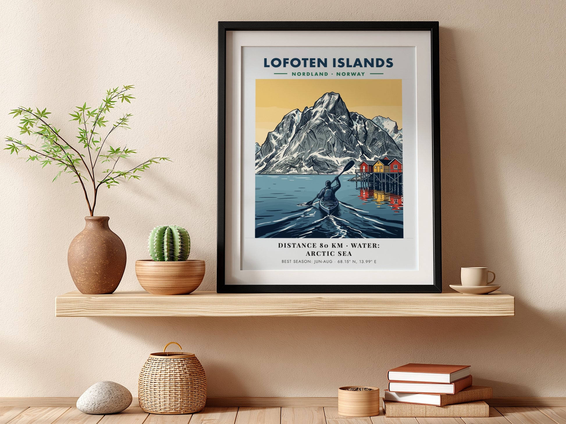 Lofoten Islands poster featuring a kayaker on Arctic water before tall snow-capped mountains.