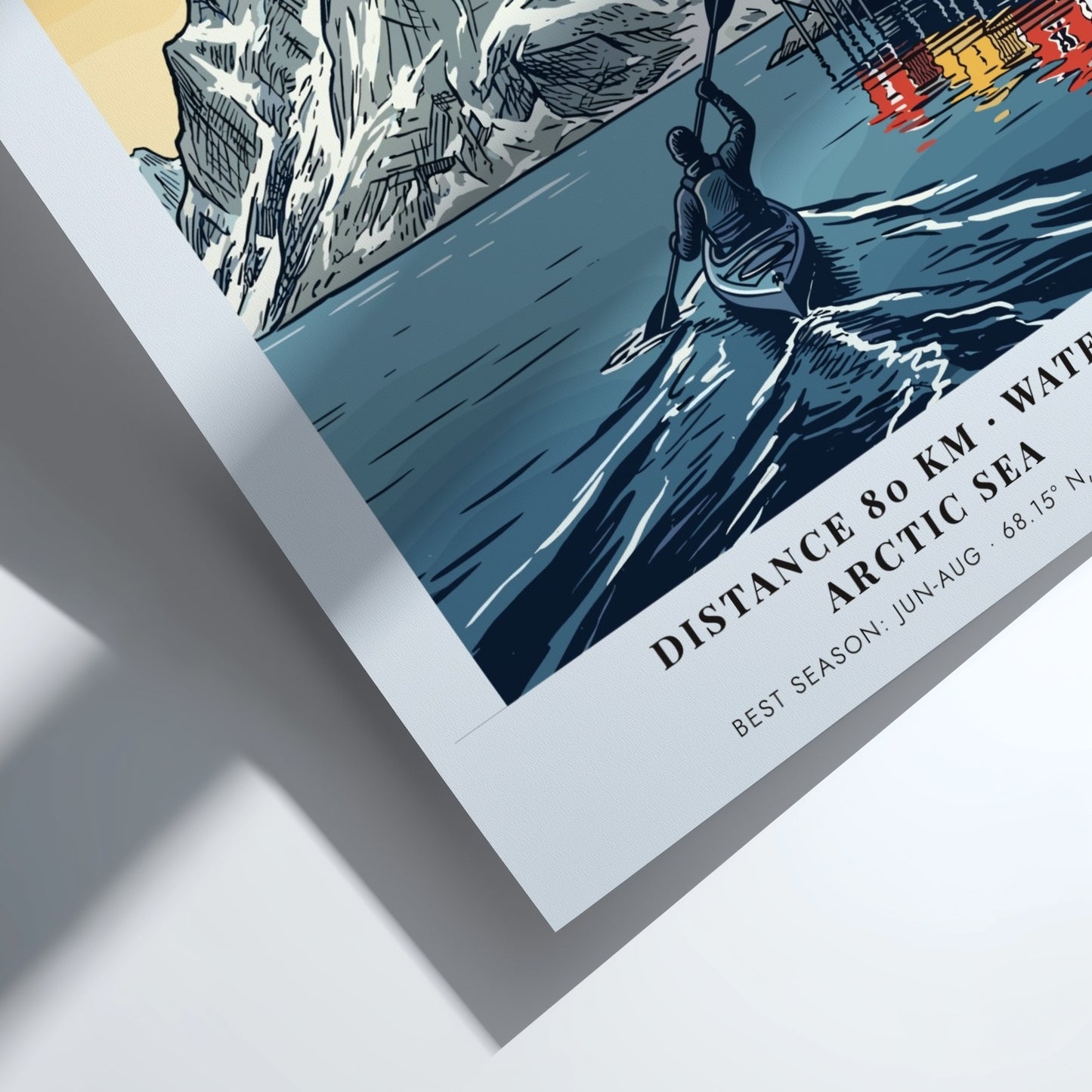 Lofoten Islands poster featuring a kayaker on Arctic water before tall snow-capped mountains.