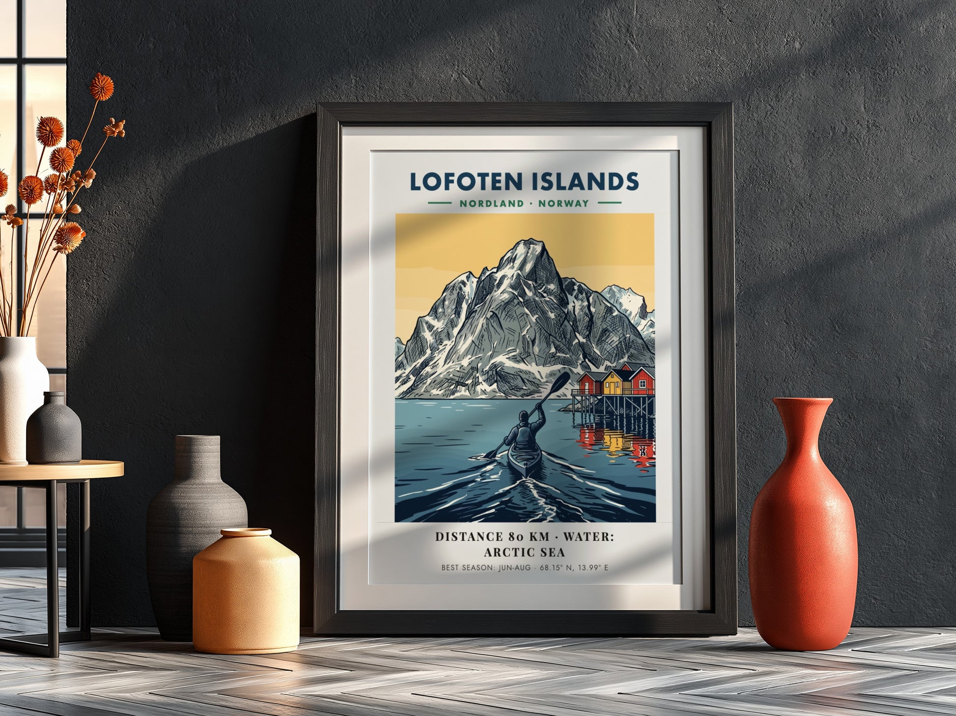 Lofoten Islands poster featuring a kayaker on Arctic water before tall snow-capped mountains.