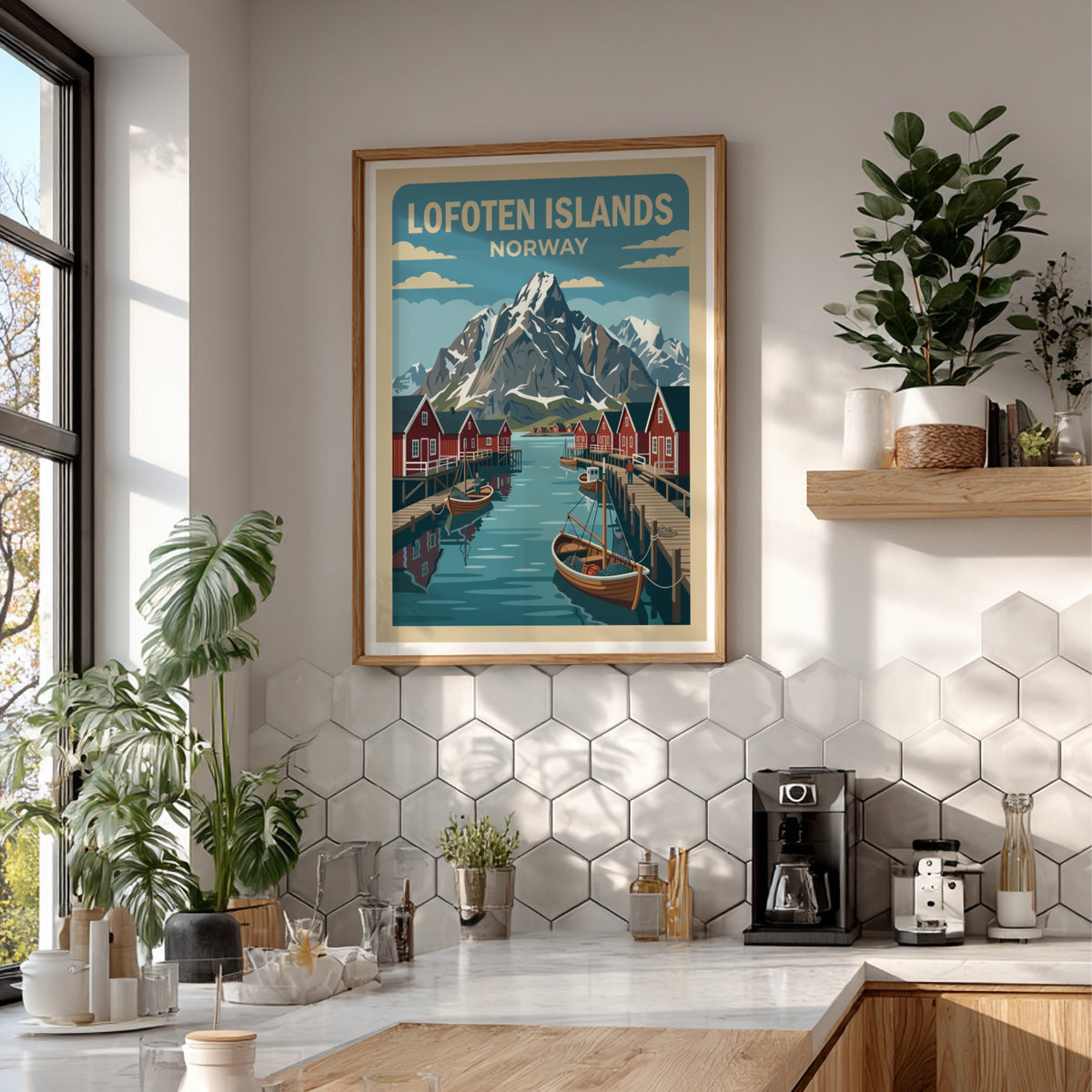 Lofoten Islands Norway poster featuring red fishing cabins and snow-capped mountains by the sea.