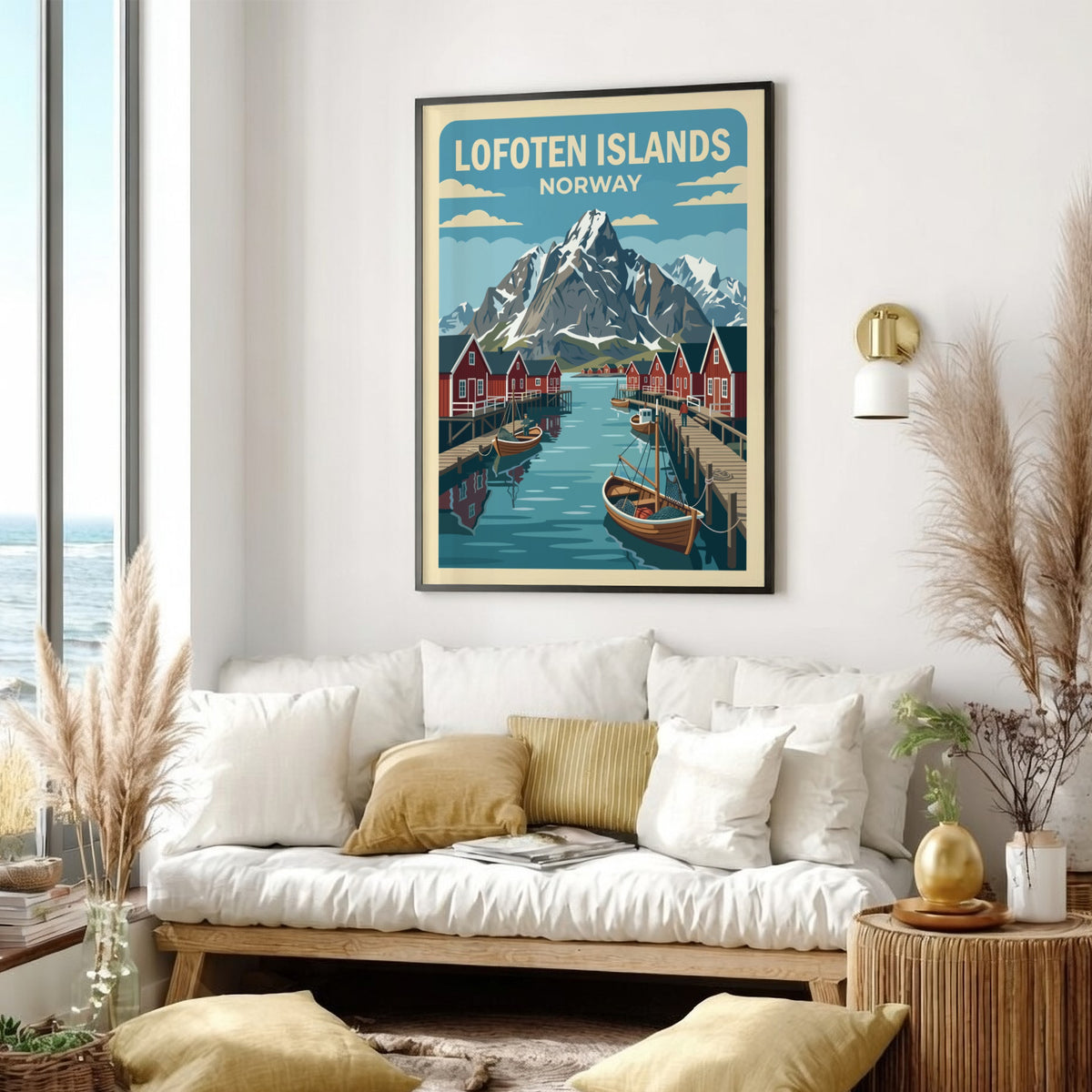 Lofoten Islands Norway poster featuring red fishing cabins and snow-capped mountains by the sea.