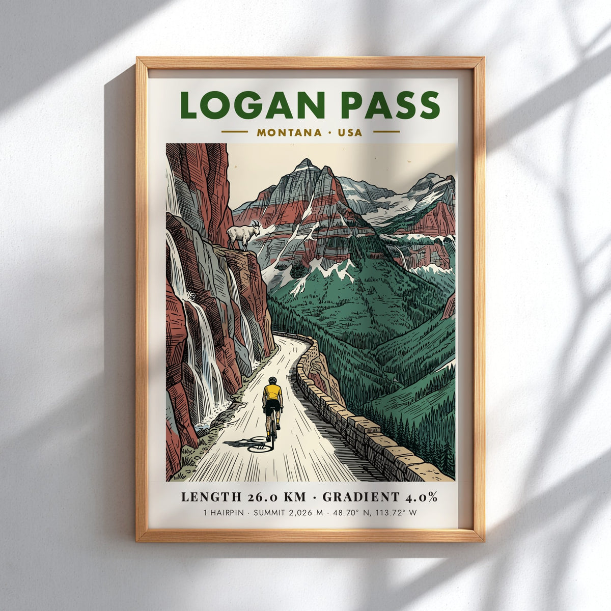 Poster showing a cyclist climbing Logan Pass, Montana with red cliffs and goats.