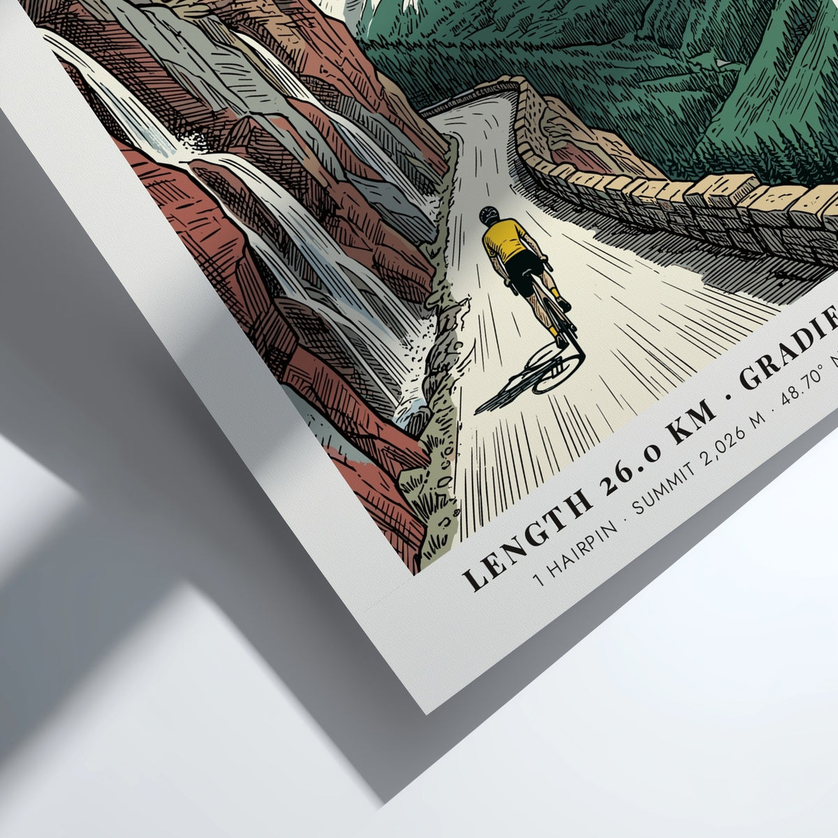Poster showing a cyclist climbing Logan Pass, Montana with red cliffs and goats.
