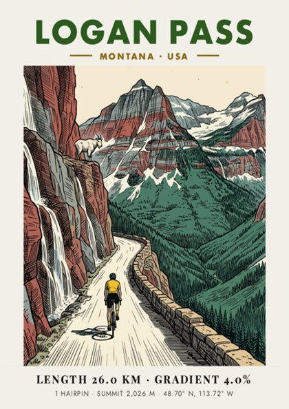 Poster showing a cyclist climbing Logan Pass, Montana with red cliffs and goats.