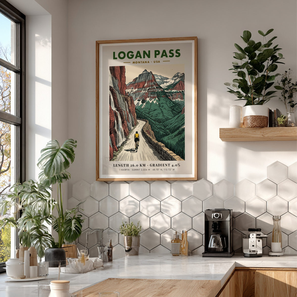 Poster showing a cyclist climbing Logan Pass, Montana with red cliffs and goats.