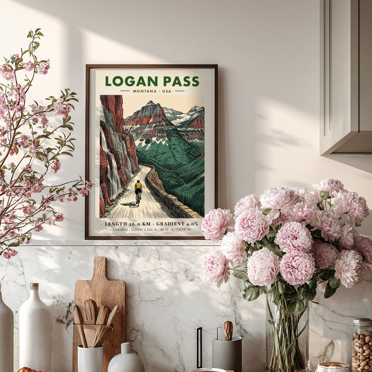 Poster showing a cyclist climbing Logan Pass, Montana with red cliffs and goats.