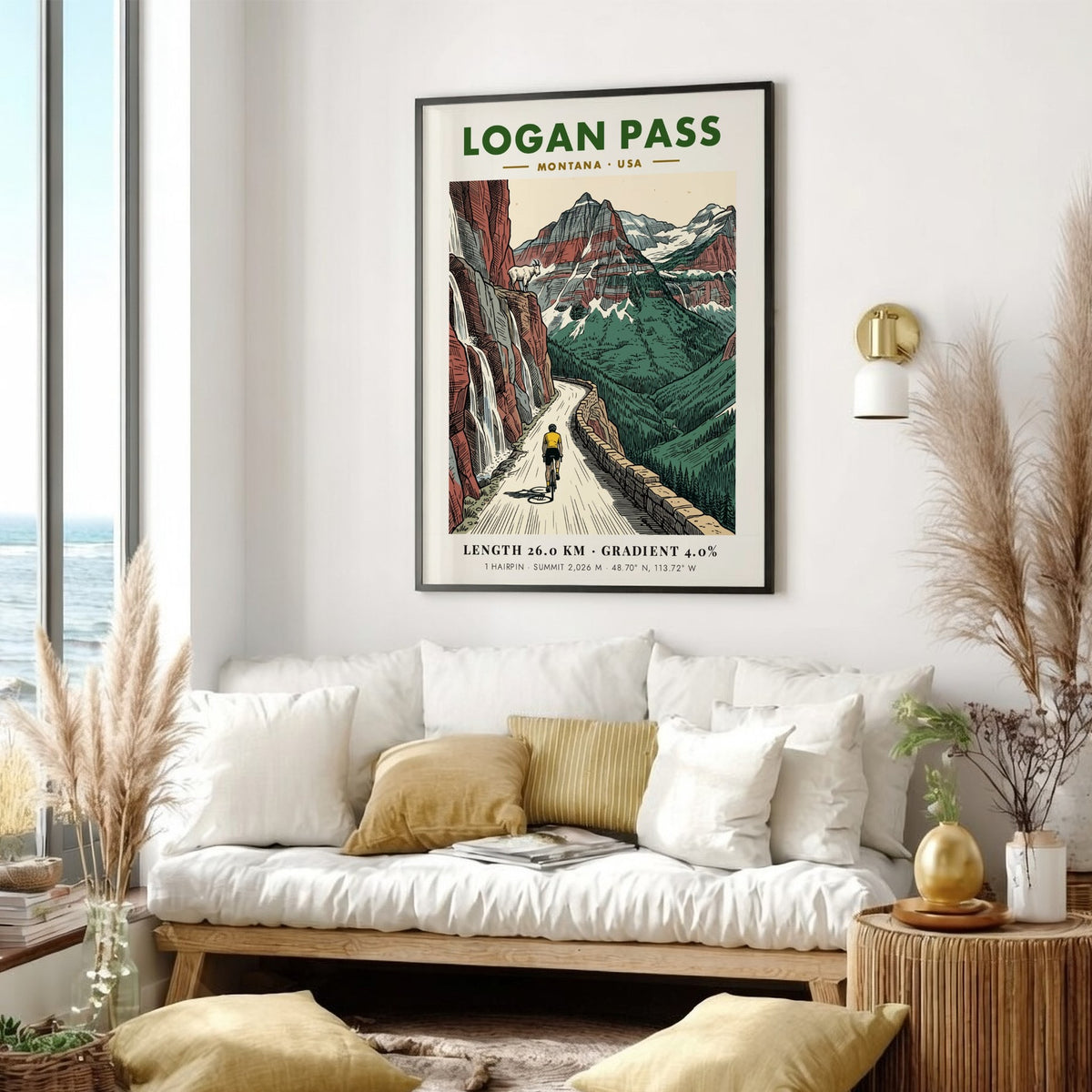 Poster showing a cyclist climbing Logan Pass, Montana with red cliffs and goats.