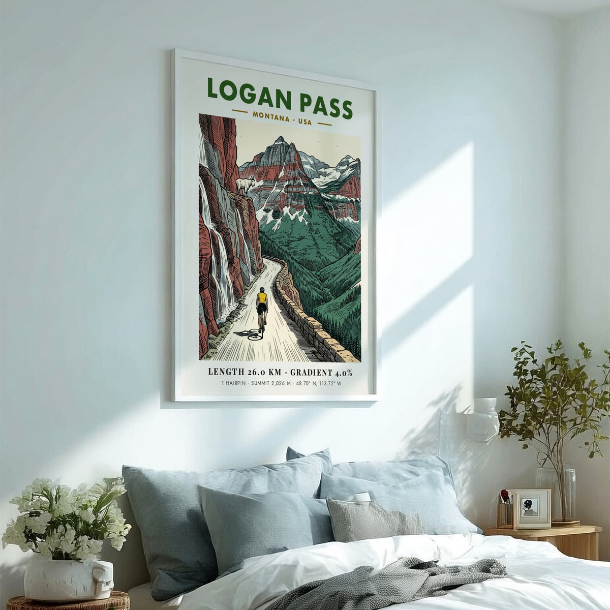 Poster showing a cyclist climbing Logan Pass, Montana with red cliffs and goats.