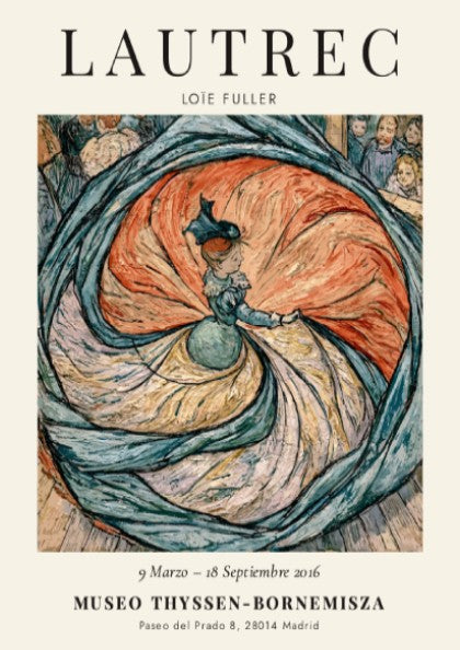 Toulouse-Lautrec poster featuring Loïe Fuller in vibrant colors and dynamic movement