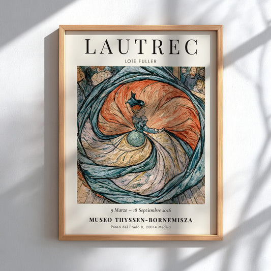 Toulouse-Lautrec poster featuring Loïe Fuller in vibrant colors and dynamic movement