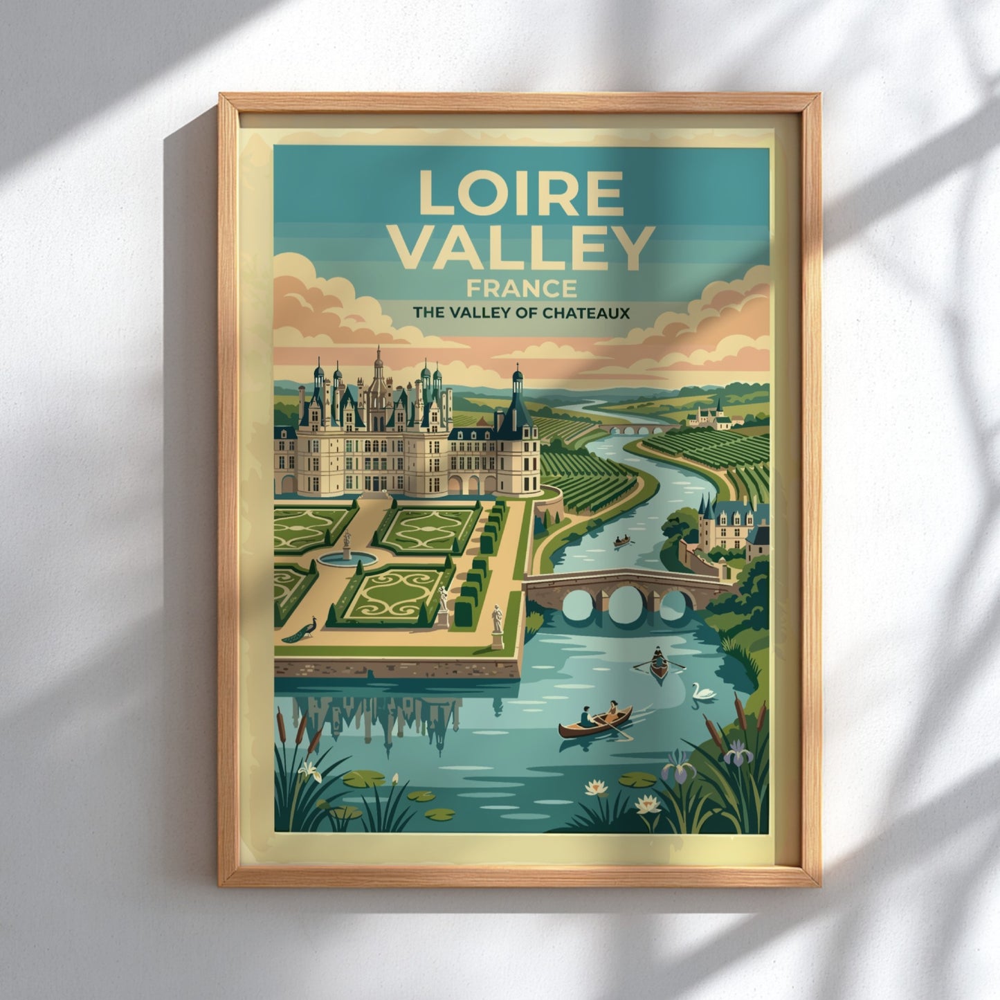 Travel poster of the Loire Valley in France featuring a castle and river.