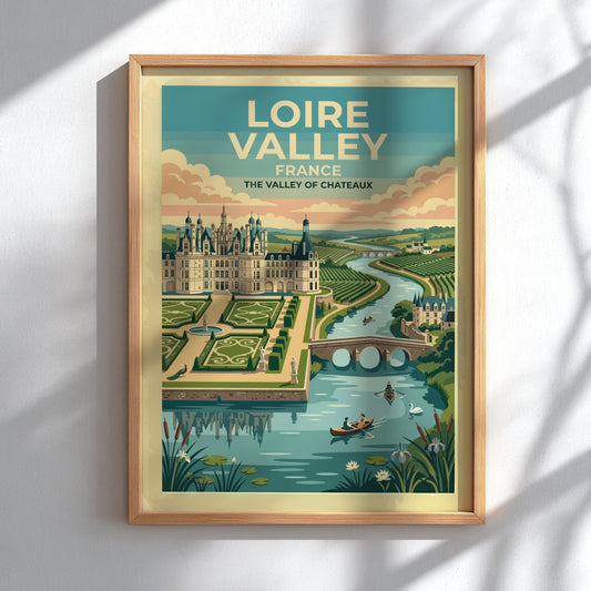 Travel poster of the Loire Valley in France featuring a castle and river.