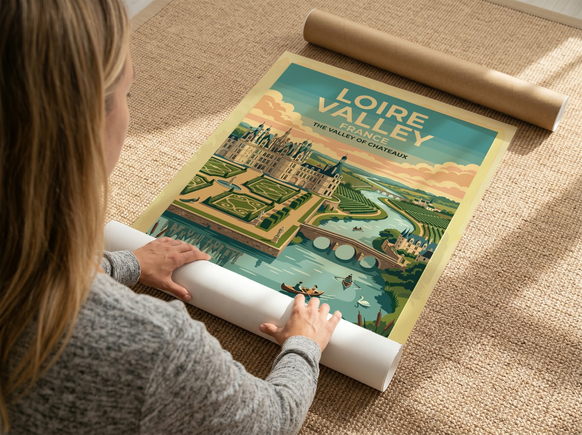 Travel poster of the Loire Valley in France featuring a castle and river.