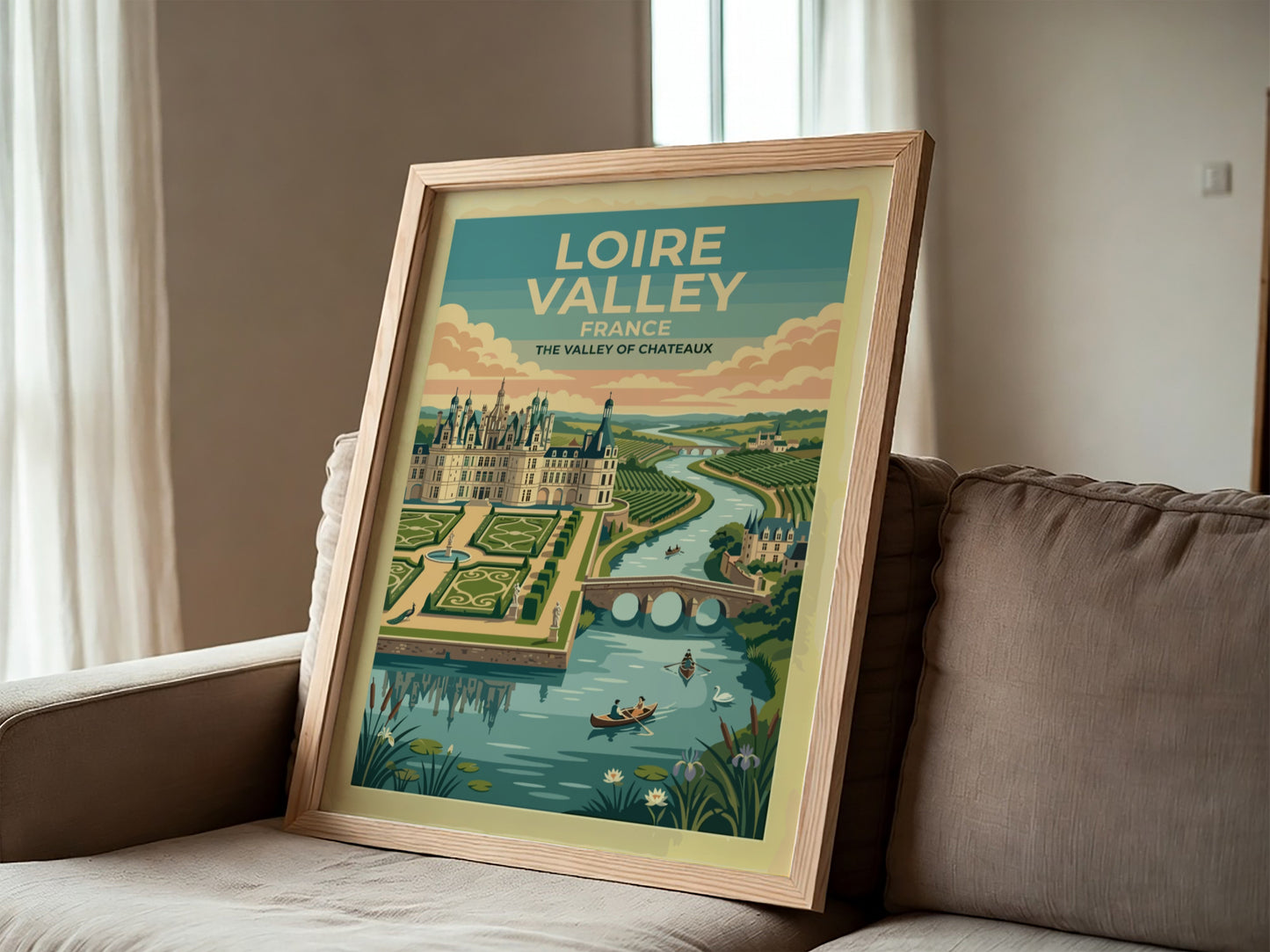 Travel poster of the Loire Valley in France featuring a castle and river.