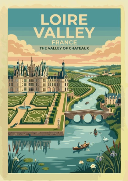 Travel poster of the Loire Valley in France featuring a castle and river.