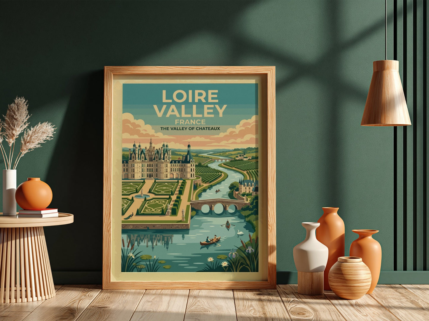 Travel poster of the Loire Valley in France featuring a castle and river.