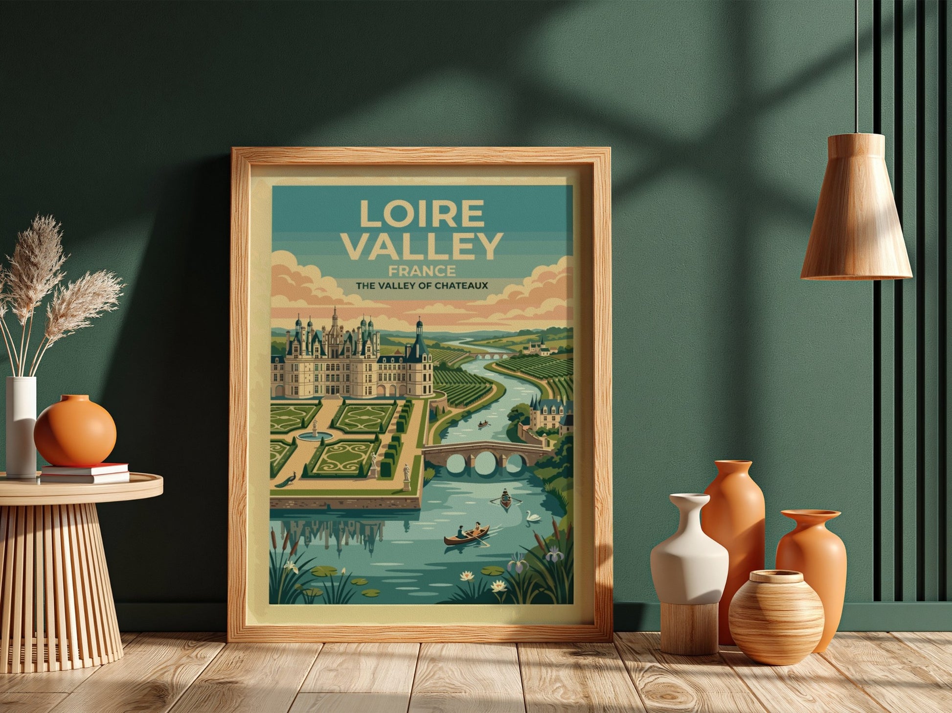 Travel poster of the Loire Valley in France featuring a castle and river.
