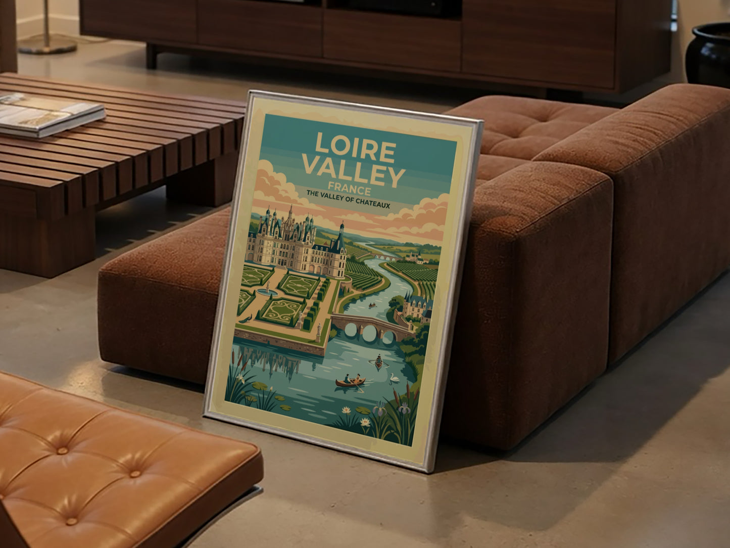 Travel poster of the Loire Valley in France featuring a castle and river.