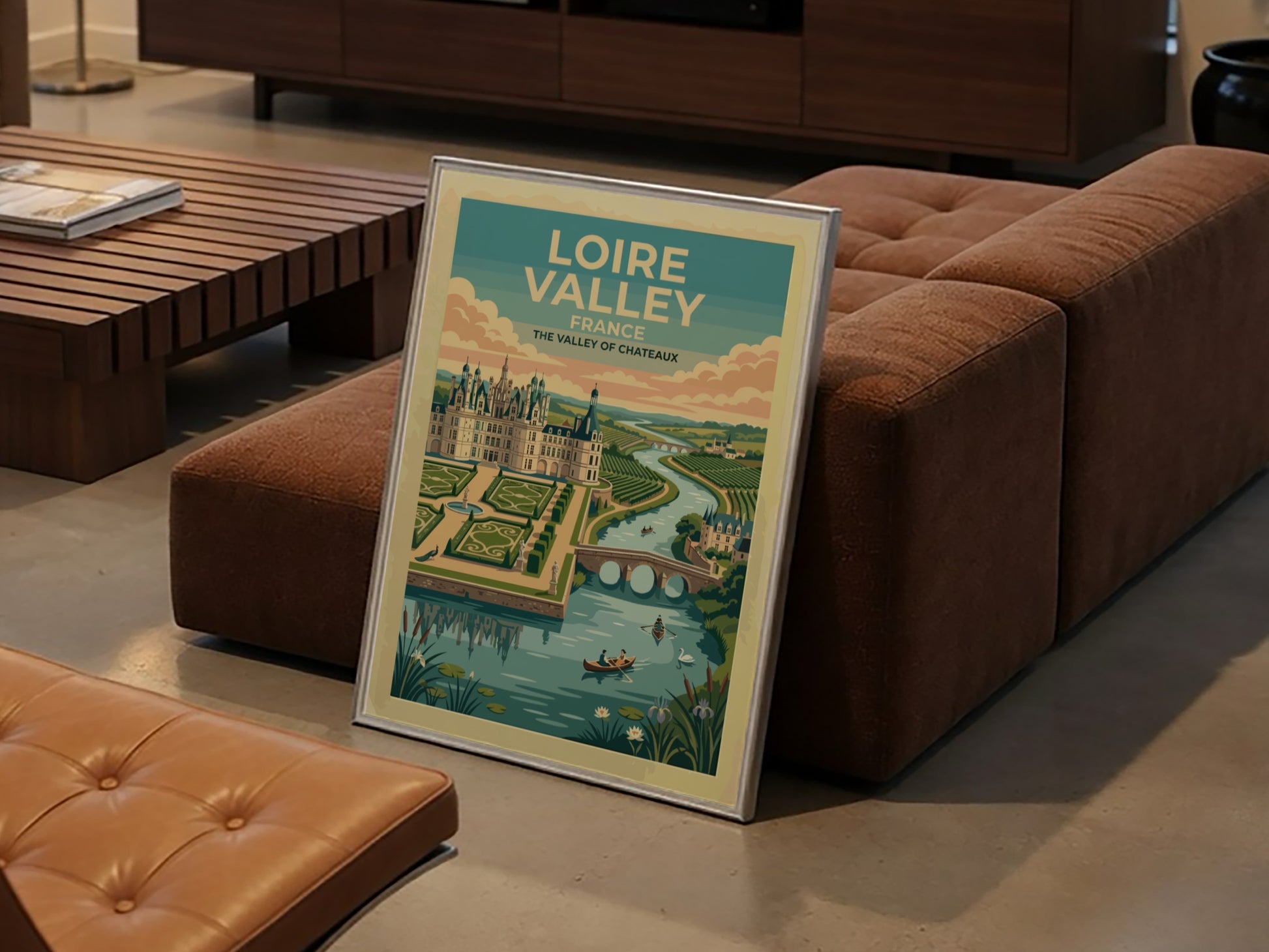 Travel poster of the Loire Valley in France featuring a castle and river.
