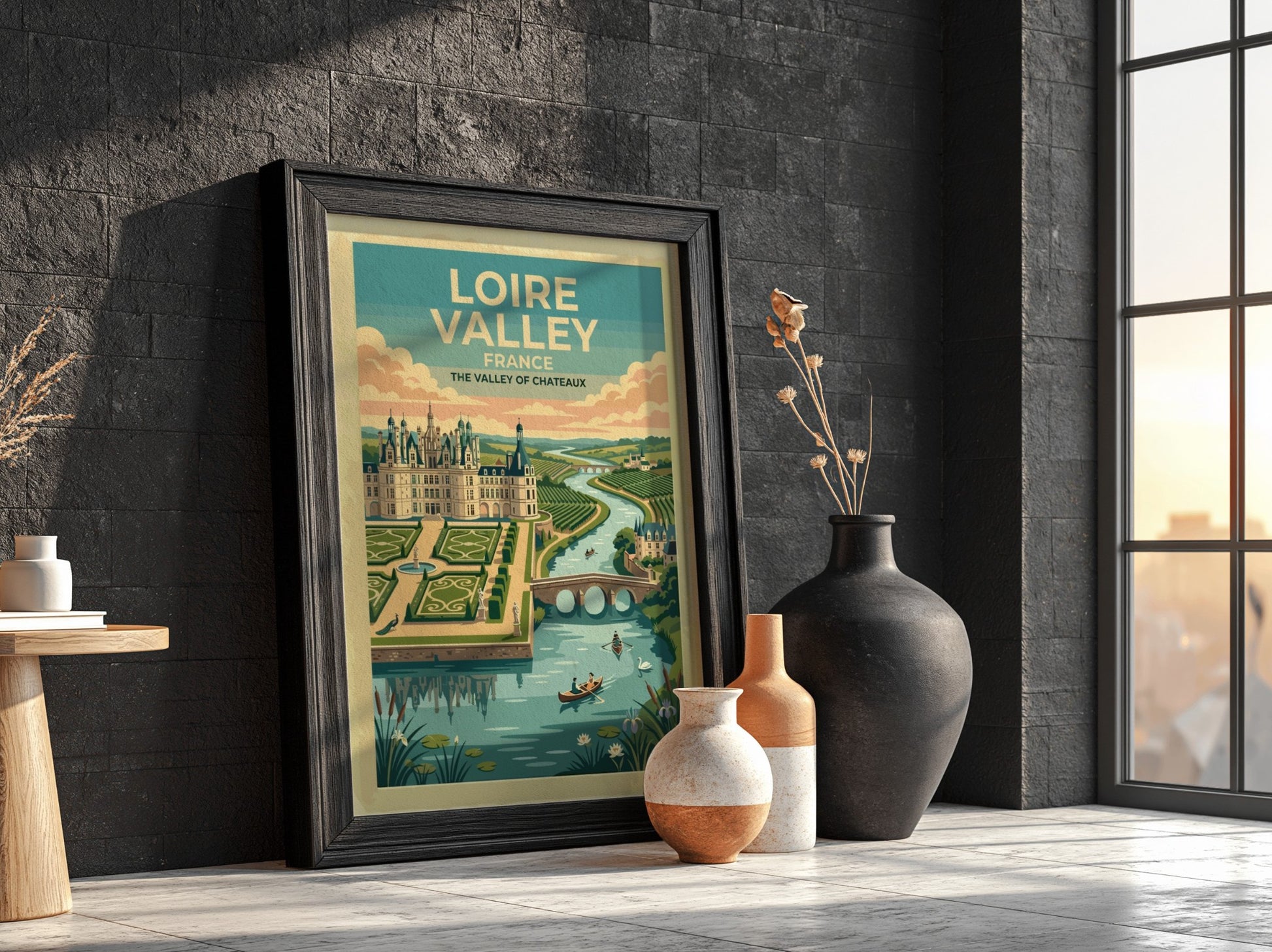 Travel poster of the Loire Valley in France featuring a castle and river.
