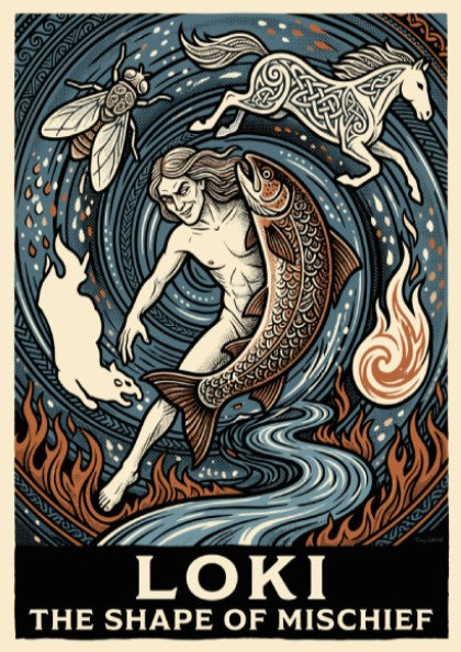 Poster featuring Loki the trickster god shifting into a salmon horse and fly