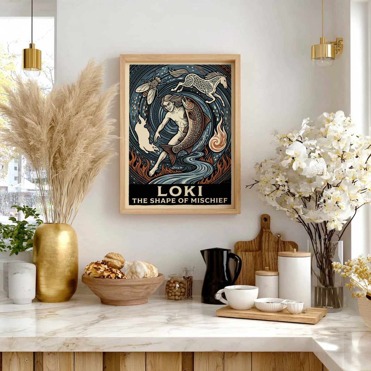 Poster featuring Loki the trickster god shifting into a salmon horse and fly