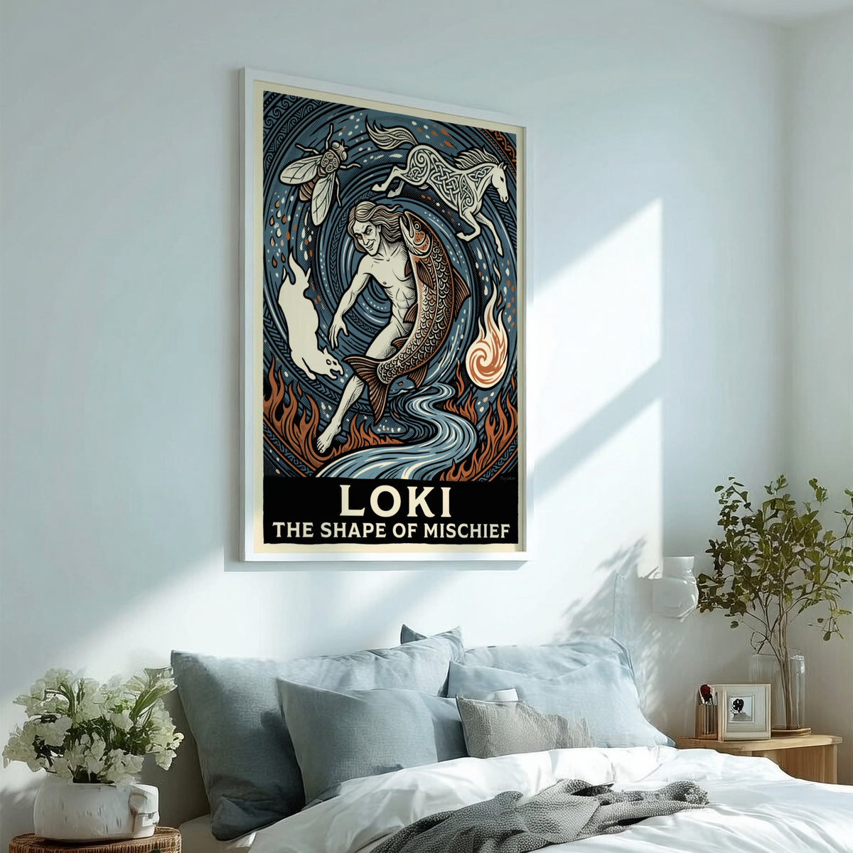 Poster featuring Loki the trickster god shifting into a salmon horse and fly