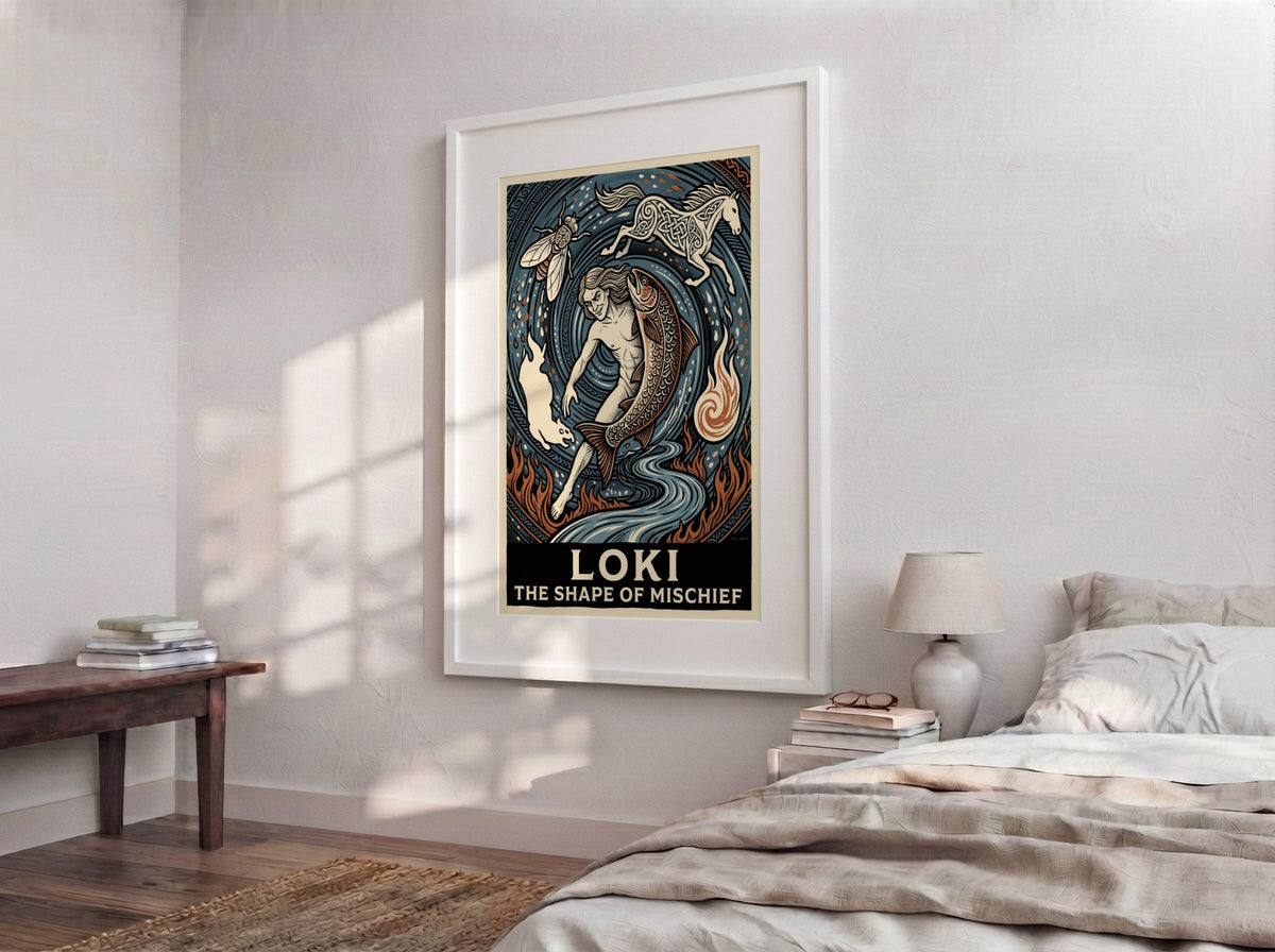 Poster featuring Loki the trickster god shifting into a salmon horse and fly