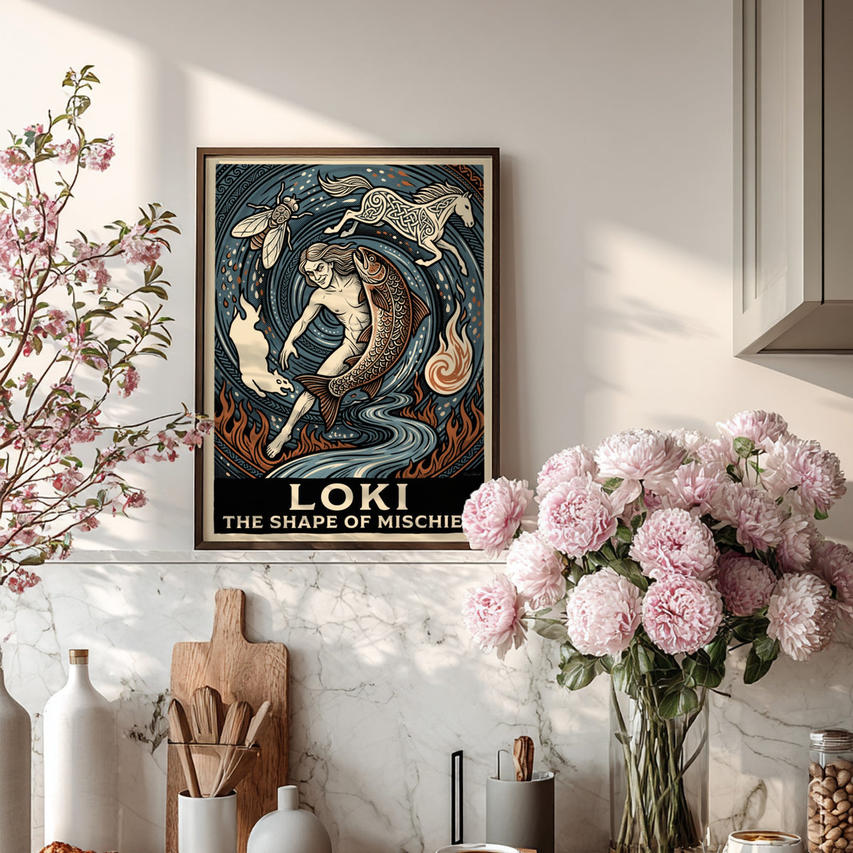 Poster featuring Loki the trickster god shifting into a salmon horse and fly