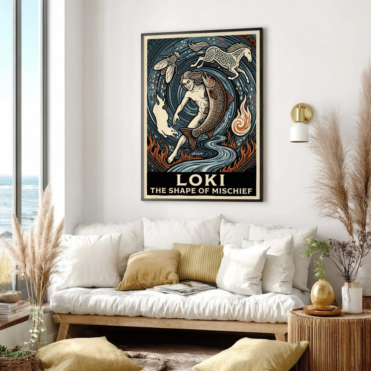 Poster featuring Loki the trickster god shifting into a salmon horse and fly